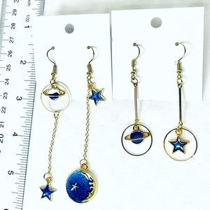 2 Pair Mismatched Earrings Blue and Gold Moons Planets and Stars